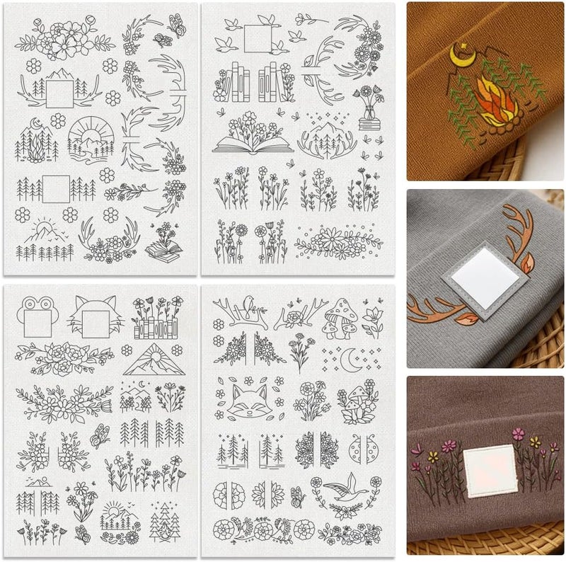 DOODLREAM 56Pcs Mountain Flower Vine Embroidery Pattern Stabilizer, 8.3"x11.7" Deer Antler Book Water Soluble Stick and Stitch Embroidery Sticker, 4 Sheets Tree Hat Hand Sewing DIY Embroidery Paper - Image 1